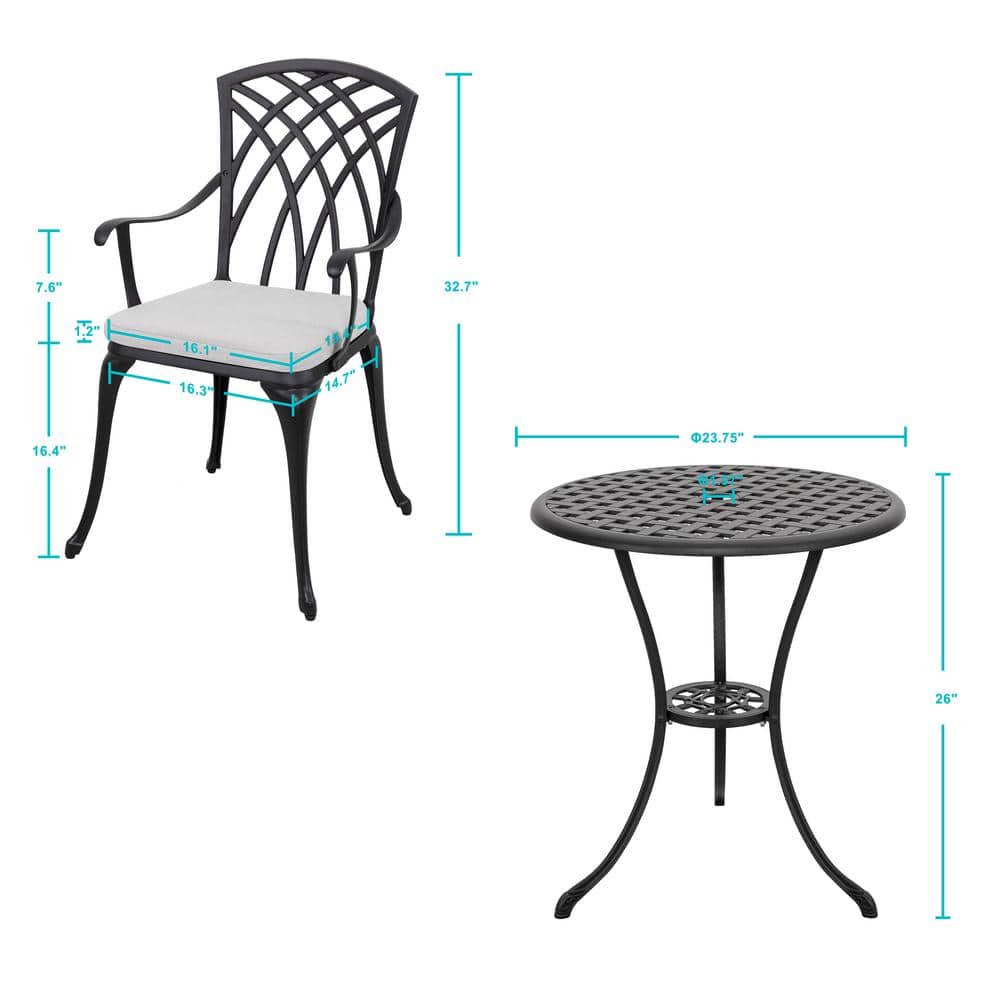 Black Cast Aluminum 3-Piece Bistro Set with Grey Cushions