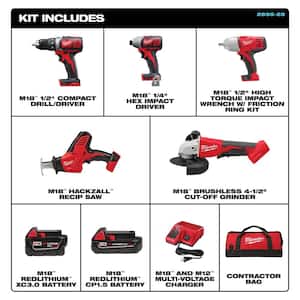 M18 18-Volt Lithium-Ion Cordless Combo Kit (5-Tool) with 2-Batteries, Charger and Tool Bag
