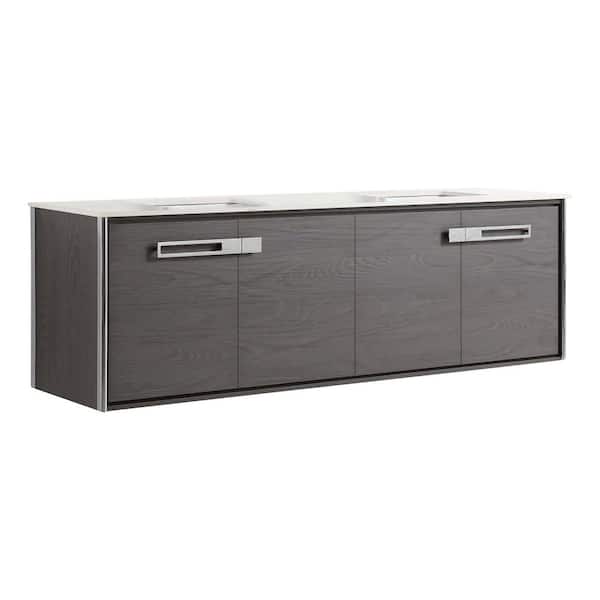 FINE FIXTURES Oakville 72 in. W x 20 in. D x 23.25 in. H Wall Mounted Bathroom Vanity in Black Coal Oak with White Quartz Top