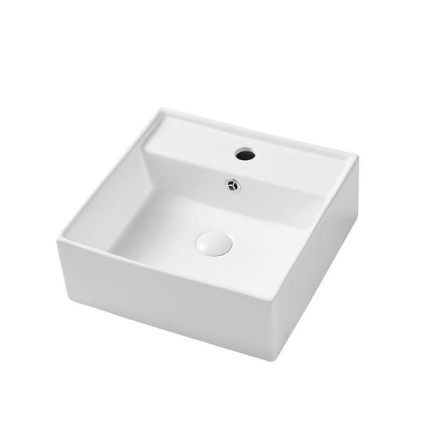 Eridanus 16 in. Modern White Wall-Mount Sink Ceramic Square Cloakroom Bathroom Vessel Sink with Pop-Up Drain