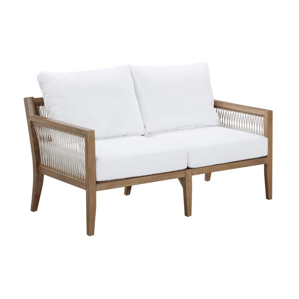 Freya Light Brown Acacia Wood Patio Loveseat with White Cushions