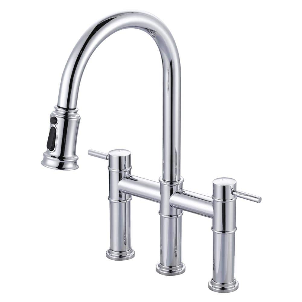 Chrome High-Arc Double Handle Kitchen Faucet with Pull-Out Spray