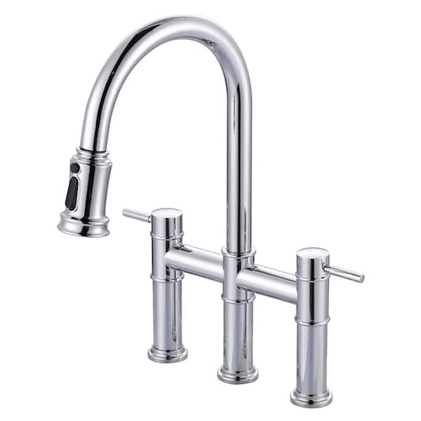 ARCORA Chrome Double Handles Pull Down Sprayer Kitchen Faucet with Pull Out Spray in Brass
