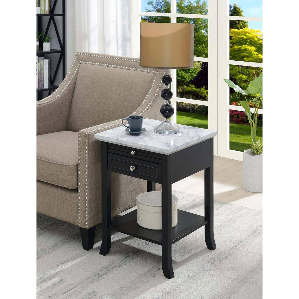 White Faux Marble and Black Wood End Table with Storage