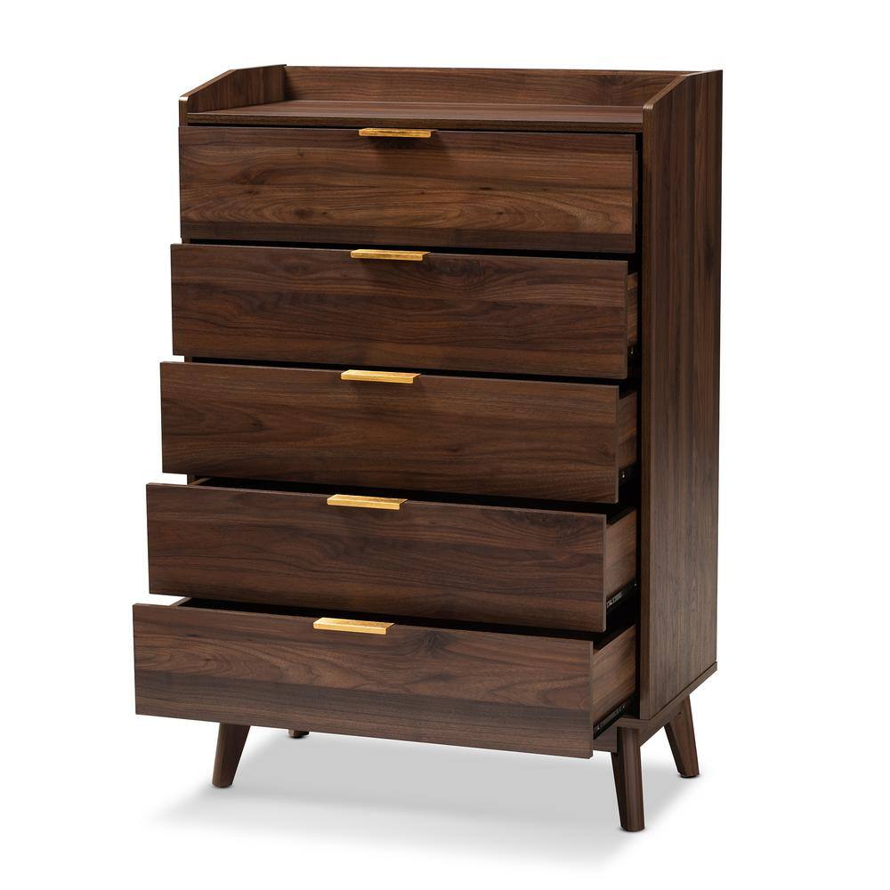 Walnut Brown Mid-Century 5-Drawer Chest with Gold-Tone Handles