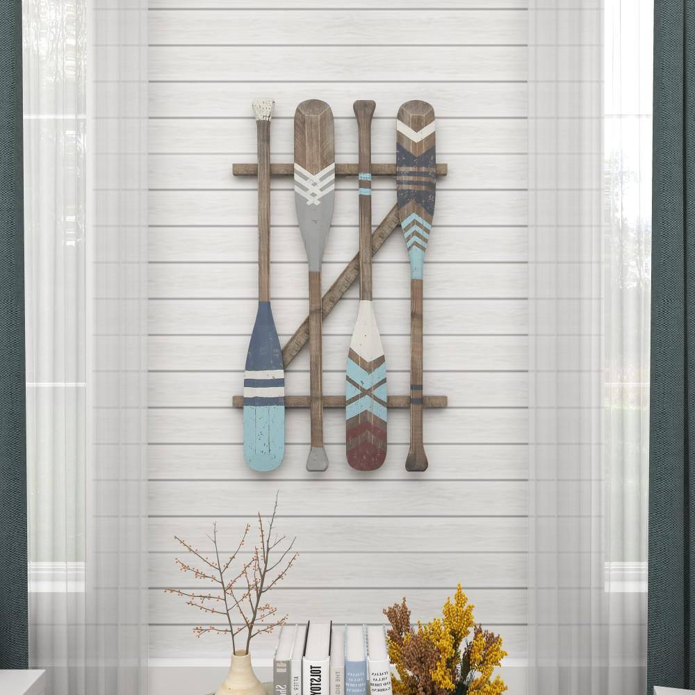 Brown and Blue Fir Wood Canoe Oar Wall Decor
