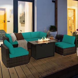 7-Pieces Patio Rattan Furniture Set Fire Pit Table Cover Cushion Turquoise