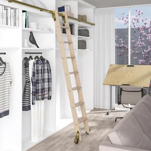 92 in. Un-Finished Maple Library Ladder (104 in. Reach) Polished Brass Top Hook Ladder Kit with 12 ft. Rail
