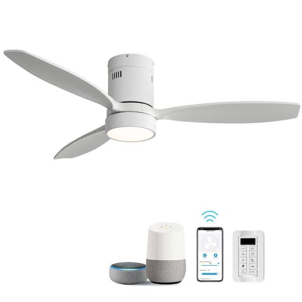52 in. Smart standard Indoor/Outdoor Wood White Flush Mount White Blade Ceiling Fan with Light Kits and Remote&APP
