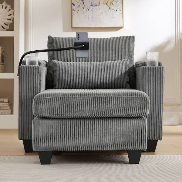 37.4 in. Straight Arm Corduroy Rectangle Sofa, Convertible Chaise Lounge Sofa Chair, Sleeper Sofa with Holder in Gray