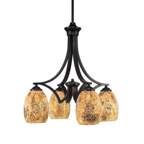 Unbranded Clevelend 4-Light Matte Black Chandelier, Round Chandelier with 5 in. Gold Fusion Glass Shades, No bulbs included