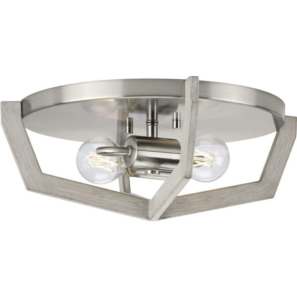 Brushed Nickel and Oak 2-Light Flush Mount Ceiling Light