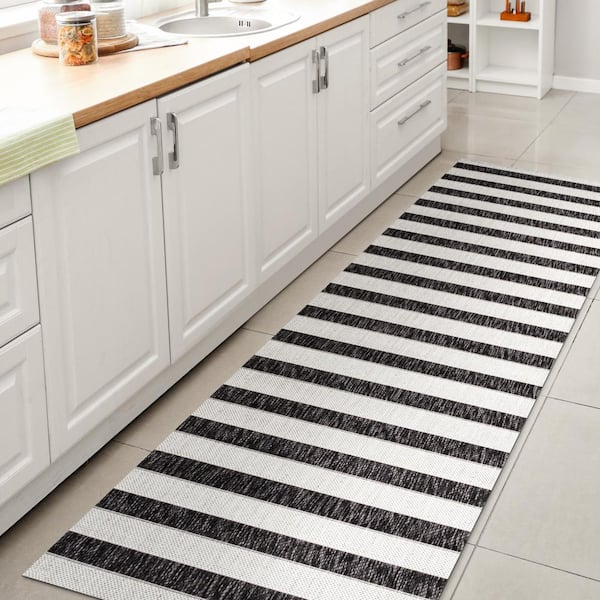 Aveiro Black/Cream 2 ft. x 8 ft. Wide Stripe Indoor/Outdoor Area Rug