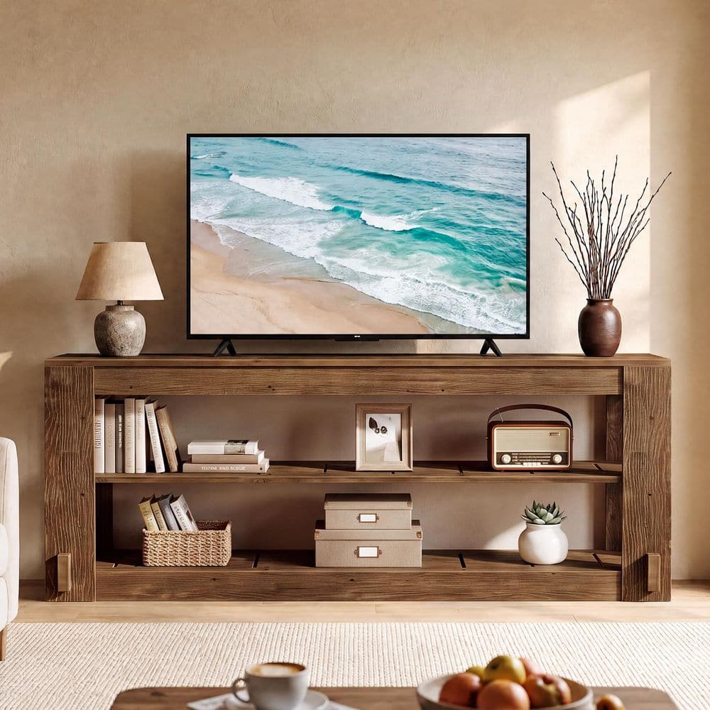 Ezlynn 62.99 in. L TV Stand Fits TVs up to 70 in. Walnut TV Stand w/2-Tier Storage, Entertainment Center for Living Room