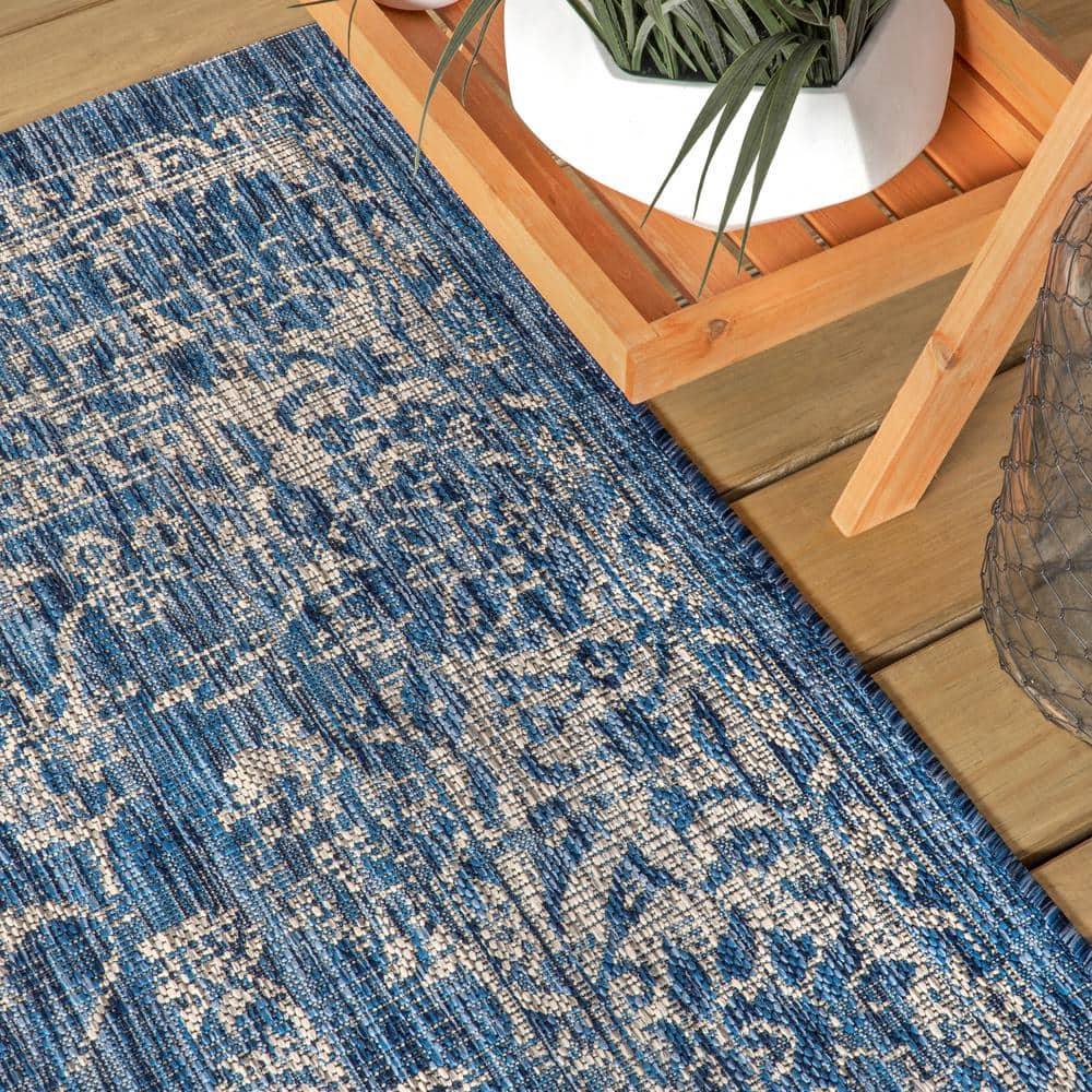 Navy and Gray Synthetic Flat Woven Runner Rug, 2'-2" x 8'