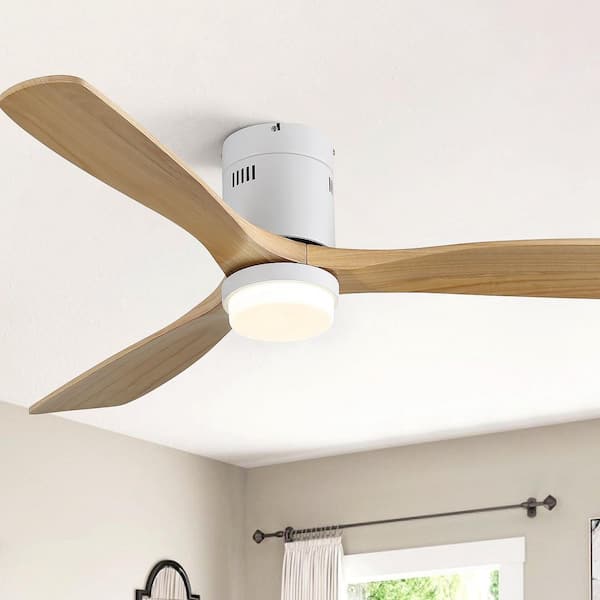 Sofucor 52 in. LED Indoor/Outdoor Flush Mount White Ceiling Fan with Wood Blades, 6-Speed DC Remote Control