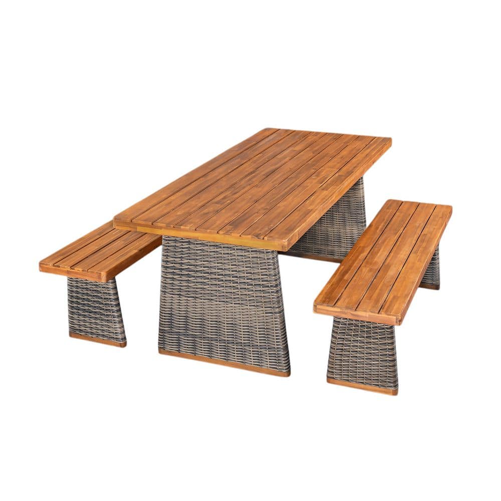Outdoor 3 Piece Acacia Wood Dining Set with Gray Handwoven Rattan Legs, Teak price history on PriceWatchPro