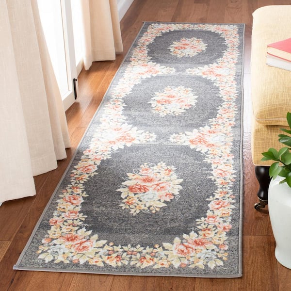 Journey Gray/Pink 2 ft. x 9 ft. Machine Washable Floral Border Runner Rug