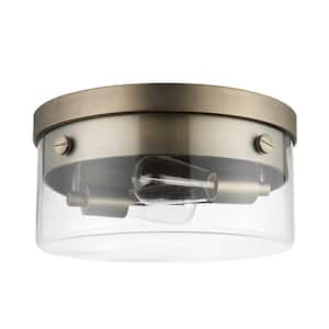 Aaron 13 in. 2-Light Matte Brass Flush Mount with Clear Glass Shade