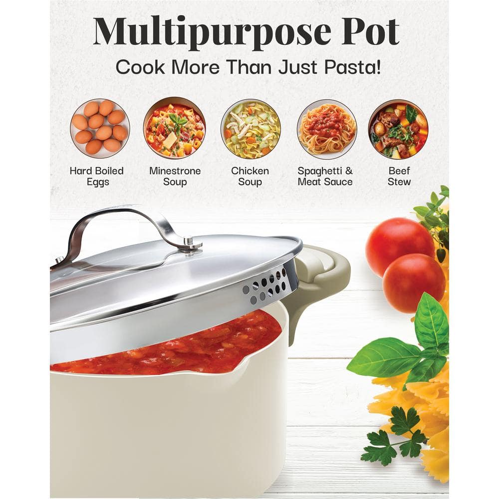 Cream Aluminum 5 Qt Nonstick Pasta Pot with Strainer Lid