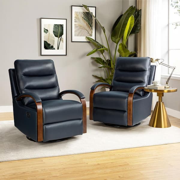 JAYDEN CREATION Joseph Genuine NAVY Leather Swivel Manual Recliner with Wooden Arm Accents and Straight Tufted Back Cushion (Set of 2)