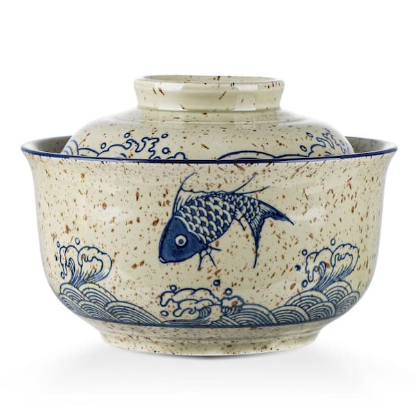 6.38 in. Oriental Ceramic Bowl, 28.2 fl. oz., Microwavable, Ramen Bowl with Lid, Korean Clay Pot, Gray Fish Pattern