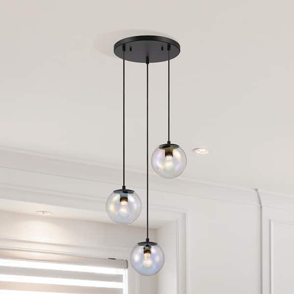 Designers Fountain Neva 3-Light Matte Black Transitional Globe Chandelier for Entryways with 7 in. Clear Iridescent Glass Shades