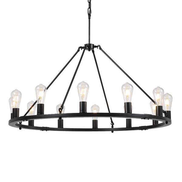 SILJOY 40 in. 12-Light Black Modern Chandelier Wagon Wheel Pendant Lighting