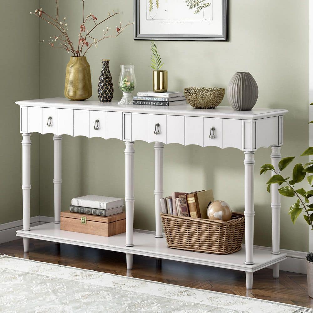 GODEER 63.00 in. Antique White Rectangle Wood Country Console Table ...