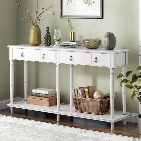 GODEER 63.00 in. Antique White Rectangle Wood Country Console Table with 4-Front Facing Storage Drawers and 1-Shelf