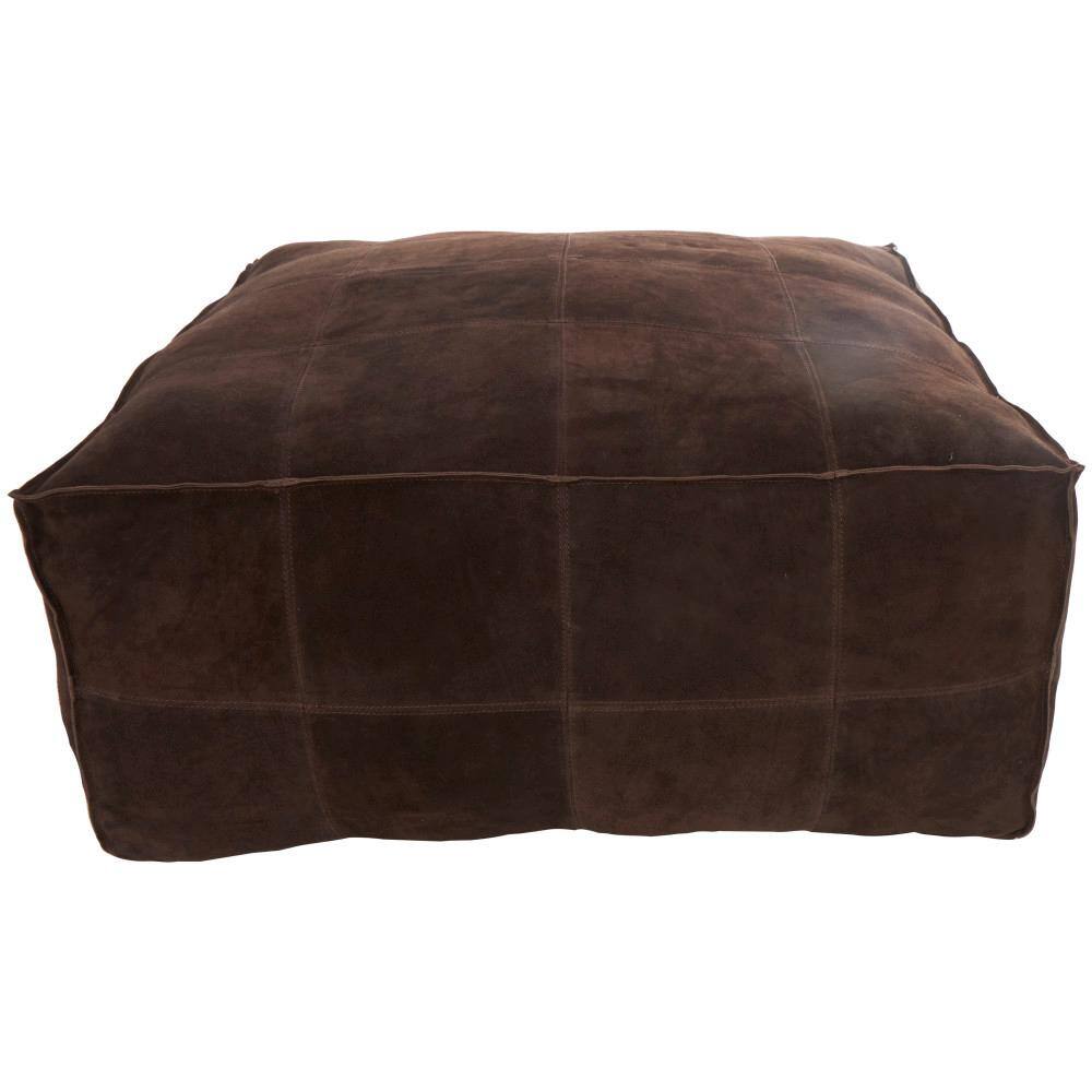 Dark Brown Genuine Leather Square Ottoman Pouf
