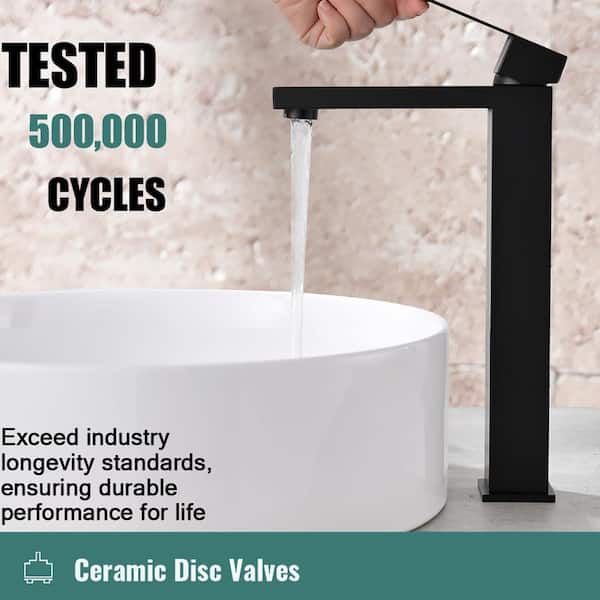 Single Handle Waterfall Bathroom Vessel Sink Faucet with Pop-up Drain Kit in Matte Black