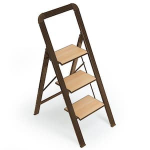 Aluminium 3 Step Ladder Folding Step Stool, Foldable Step Ladders, 580 lbs. Capacity, Brown