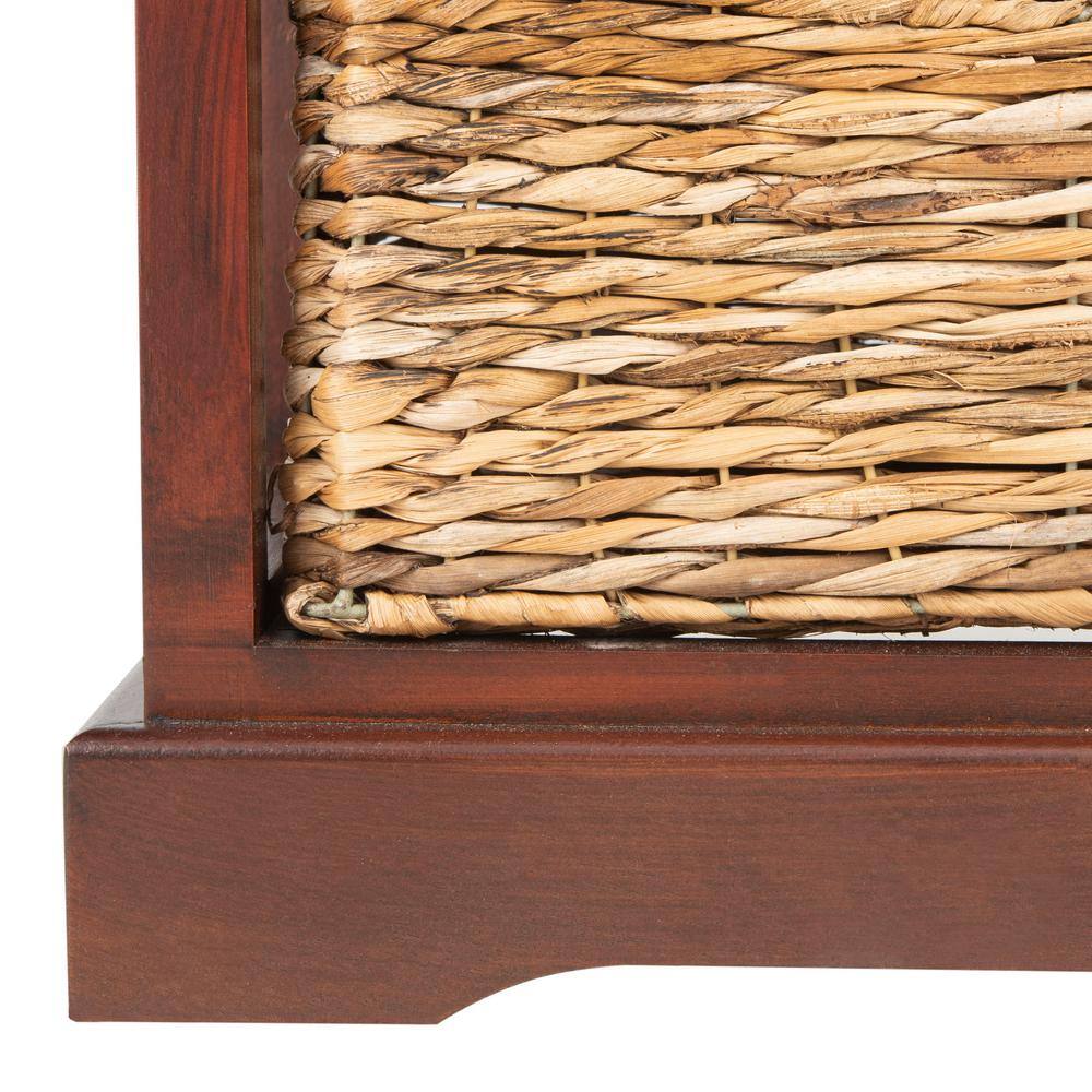 Transitional Brown Pine Wood Side Table with 3 Rattan Drawers