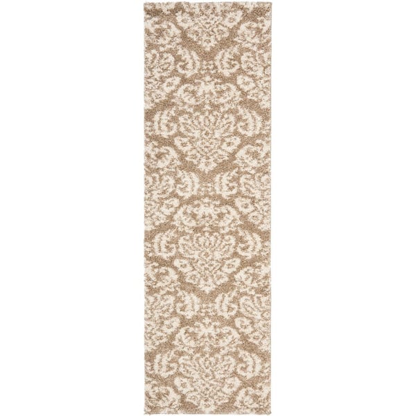 Florida Shag 2 ft. x 17 ft. Beige/Cream Floral Medallion Runner Rug