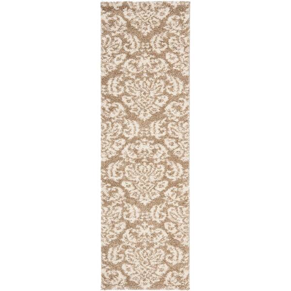 Florida Shag 2 ft. x 19 ft. Beige/Cream Damask Runner Rug