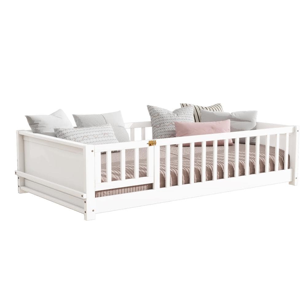 White Rubber Wood Twin Platform Bed with Built-in Book Rack and Guardrails durable construction price history on PriceWatchPro