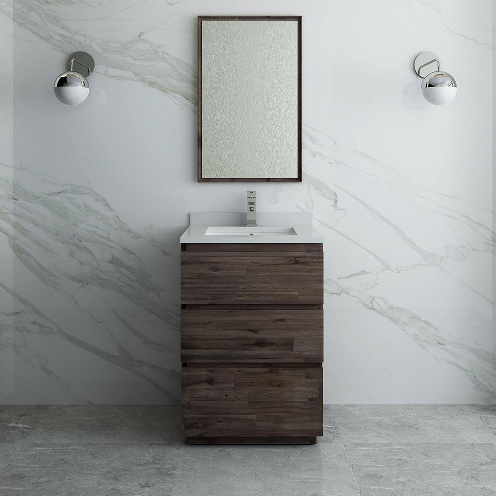 Modern 24" Brown Quartz Stone Vanity Set with Ceramic Sink and Mirror