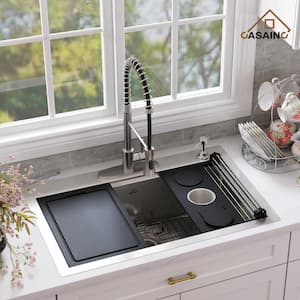 Handmade All-in-One 33 in. Drop-in Single Bowl Stainless Steel Kitchen Sink with Faucet