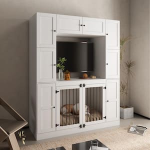 Large Dog Crate Storage Cabinet, Indoor Wooden Heavy-Duty Dog Cage Pet Kennels with 7-Shelves, White