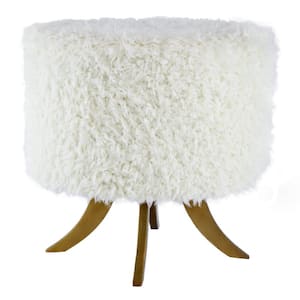 White and Brown Fabric Round Accent Ottoman