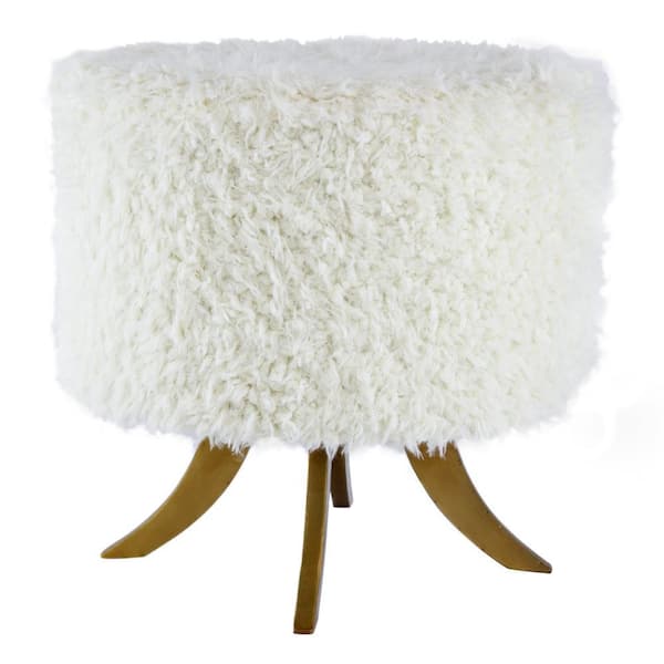 Benjara White and Brown Fabric Round Accent Ottoman