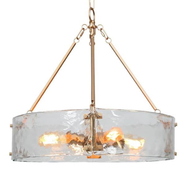 Glacera 4-Light Modern Gold Drum Light Chandelier, 19.5 in. Medium Kitchen Island Pendant Light with Open Textured Glass