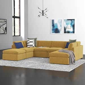 129 in. Armless Polyester Corduroy Upholstery U-Shaped Deep-Seated Oversized 8-Pieces Corner Sectional Sofa in Yellow