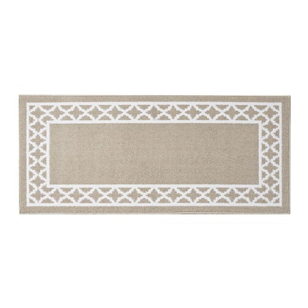 Washable Skid Resistant Beige /White 2.2 ft. x 5 ft. All Loop Tufted Area Rug