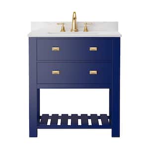 30 in. W x 19 in. D x 36.5 in. H Single Sink Freestanding Bath Vanity in Navy Blue with White Natural Marble Top