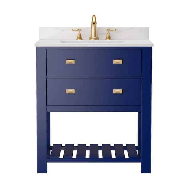 30 in. W x 19 in. D x 36.5 in. H Single Sink Freestanding Bath Vanity in Navy Blue with White Natural Marble Top