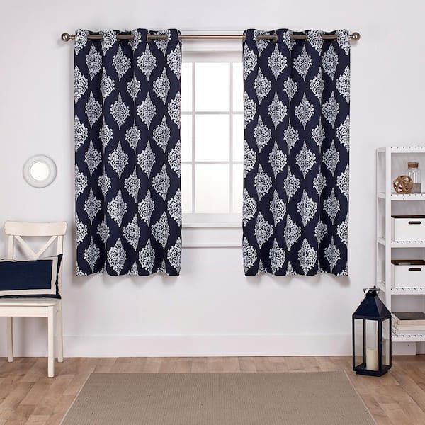 EXCLUSIVE HOME Medallion Peacoat Blue Medallion Woven Room Darkening Grommet Top Curtain, 52 in. W x 63 in. L (Set of 2)