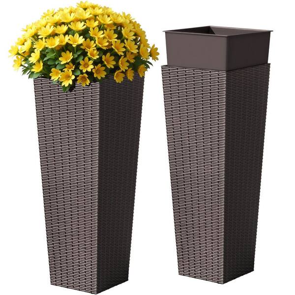 32 in. Brown Plastic Tall Square Planter (Set of 2)