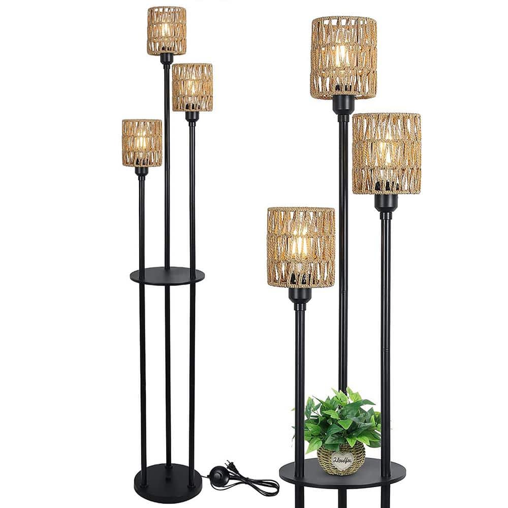 Cipacho 65.01 in. Brown 1-Light Lantern Smart Floor Lamp with Remote Control and App, Tall Standing Lamp with Rattan Lampshade